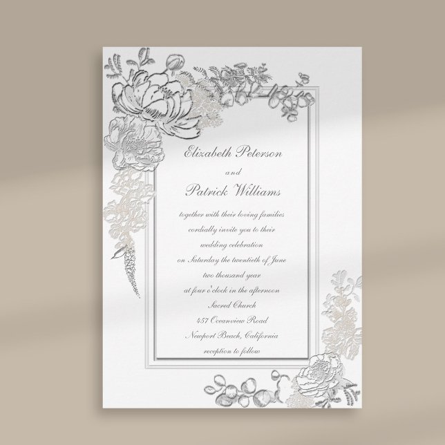 Invitation Faux Embossé Peony Mariage de calligraphie ivoirie (peony wedding invitation floral double frame formal traditional elegant calligraphy ivory classic)