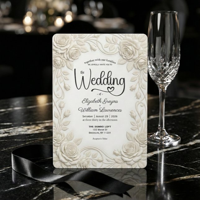 Invitation Faux Embossed 3D Cream Rose Bas Relief Wedding  (Créateur téléchargé)