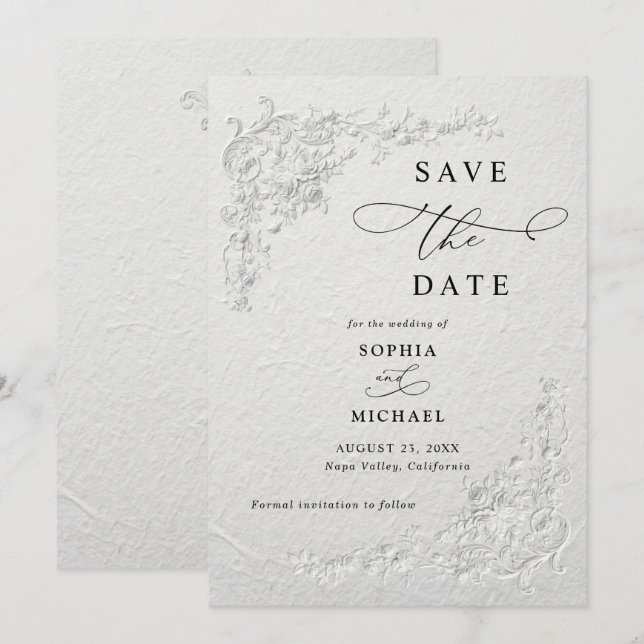 Invitation Faux Embossed Floral Wedding Save the Date  I (Devant / Derrière)