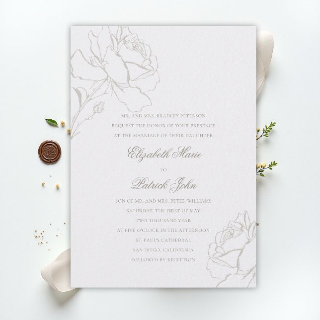 Invitation Faux Embossed Roses Pearl Formal Parents Wedding (ethereal wedding theme pearl white invitation formal traditional modern classic floral roses parents)