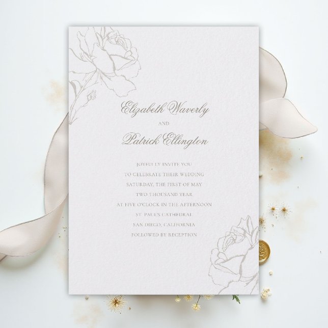 Invitation Faux Embossed Roses Pearl Modern Classic Wedding (ethereal wedding theme pearl white invitation formal traditional modern classic floral elegant roses)