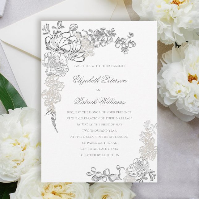 Invitation Faux Embossés Frame Formal Classic Mariage (peony wedding invitation floral frame formal traditional elegant calligraphy modern classic ivory)