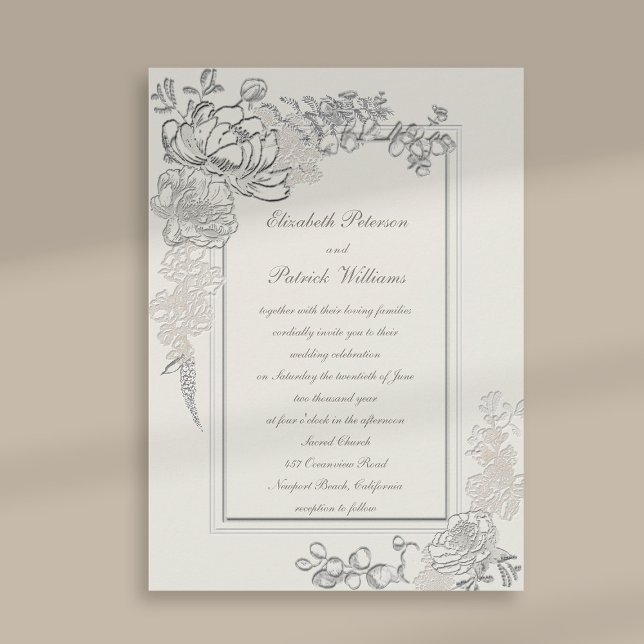 Invitation Faux Embossés Peonies 2 Cadres Mariage de calligra (peony wedding invitation floral double frame formal traditional calligraphy ecru traditional classic)