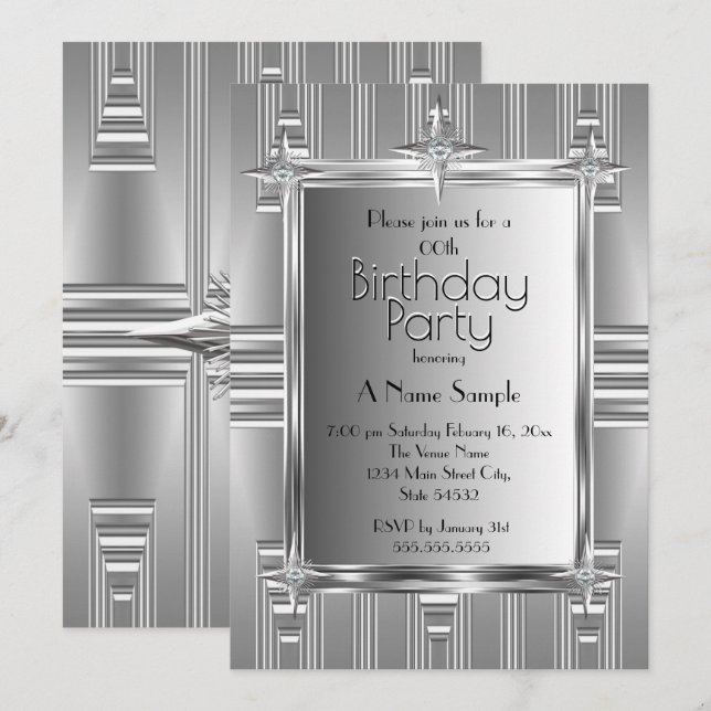 Invitation Faux Fête d'Anniversaire Argent Chrome Metal (Devant / Derrière)