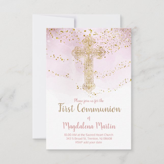 Invitation Faux feuille d'or croix sainte Première communion (Devant)