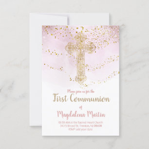 Invitation Faux feuille d'or croix sainte Première communion