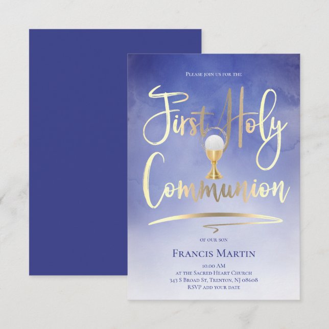 Invitation FAUX feuille d'or script sur bleu | Première commu (Devant / Derrière)