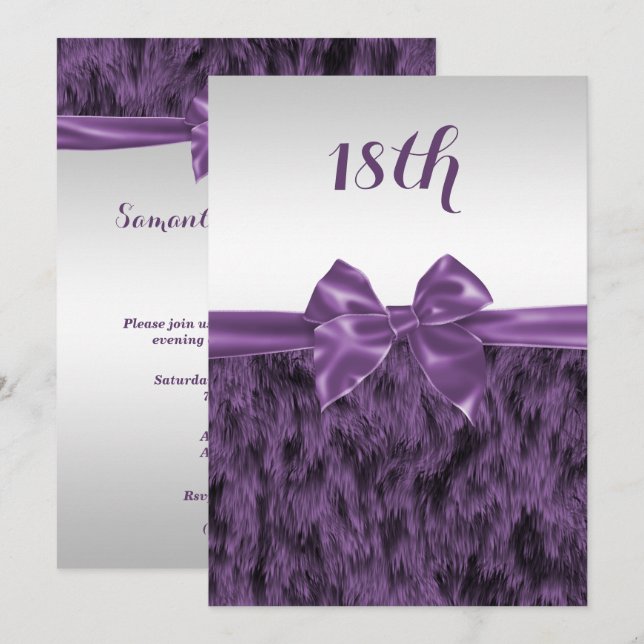 Invitation Faux Fourrure & Bow pourpre 18e anniversaire (Devant / Derrière)