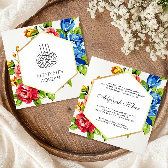 Invitation Faux géométrique Vibrant or Floral Islamique Aqiqa (Créateur téléchargé)