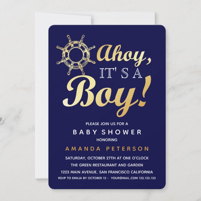 Invitation Faux Gold Ahoy c'est un baby shower nautique garço (Devant)