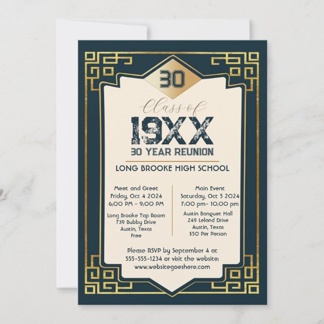 Invitation Faux Gold Art Déco 30 Année Réunion lycée (Devant)