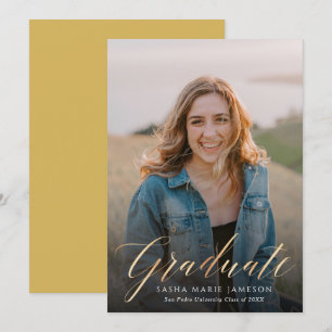 Invitation Faux Gold Calligraphy Diplômée Photo