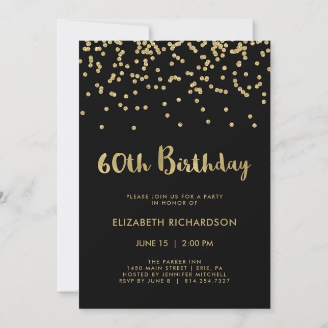 Invitation Faux Gold Confetti en noir| 60e anniversaire (Devant)