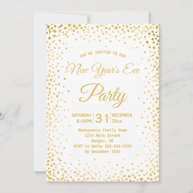 Invitation Faux Gold Confetti New Years Eve Party Blanc (Devant)