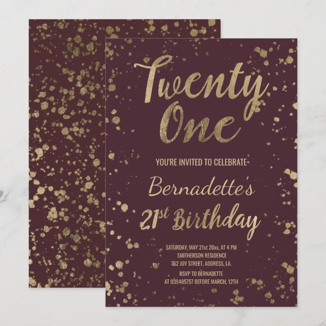 Invitation Faux gold confetti rouge chic 21e anniversaire (Devant / Derrière)