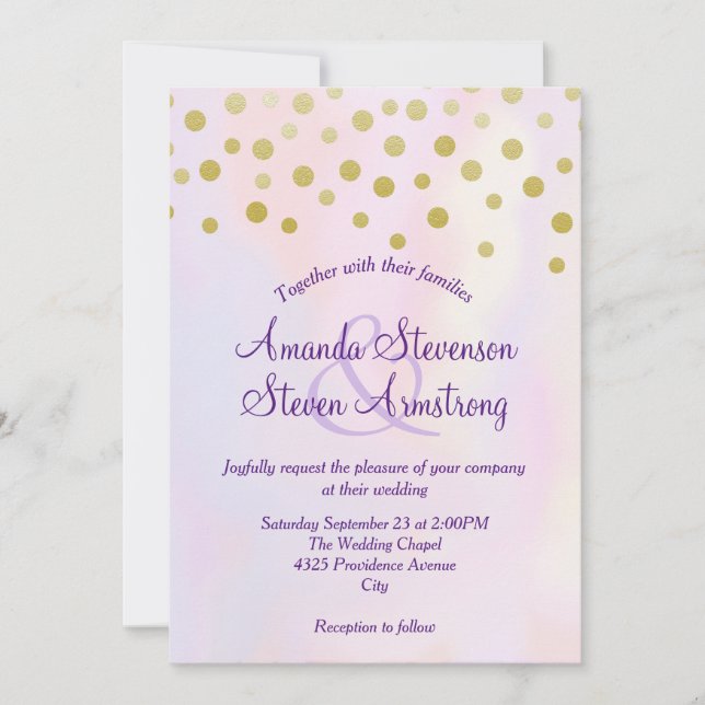 Invitation Faux Gold Confetti sur Purple Watercolor Mariage (Devant)