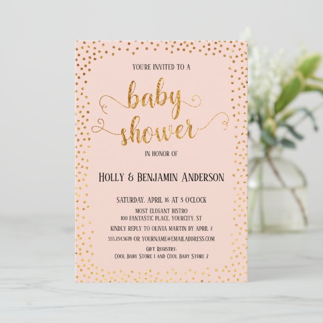 Invitation Faux Gold Confetti Typographie Baby shower (Debout devant)