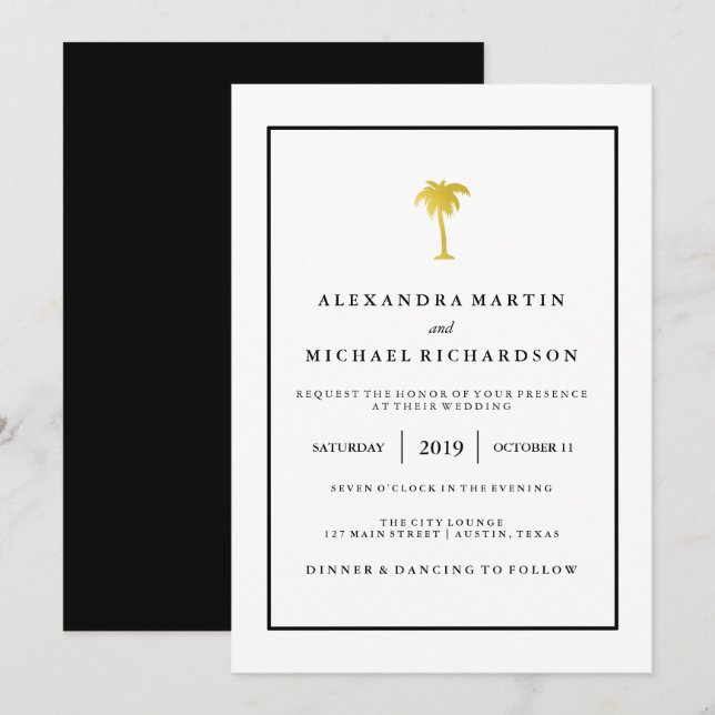 Invitation Faux Gold et Black Palm Tree| Mariage Glam (Devant / Derrière)
