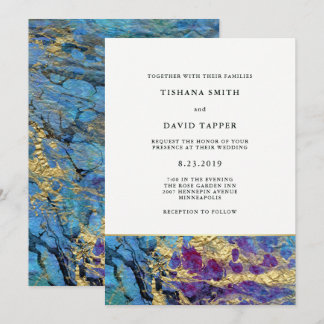 Invitation Faux Gold et Blue Marbled Mariage