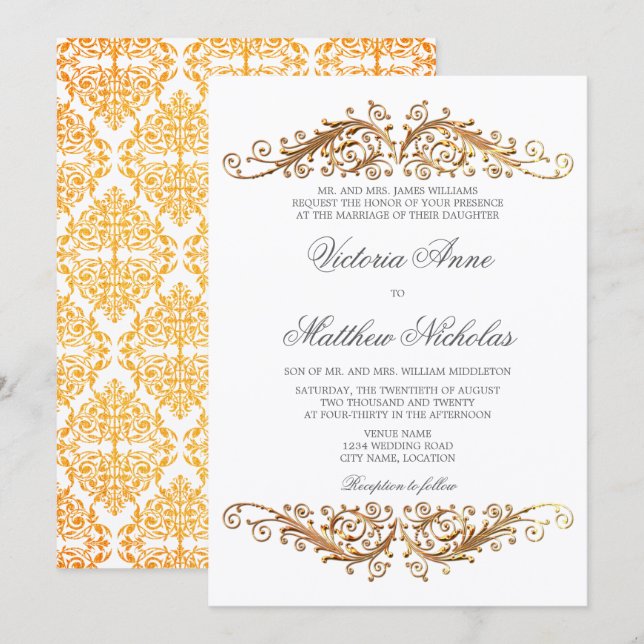 Invitation Faux Gold Flourish Damask (Devant / Derrière)