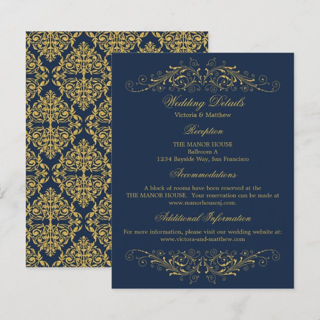 Invitation Faux Gold Flourish Damask Navy Détails du Mariage (Devant / Derrière)