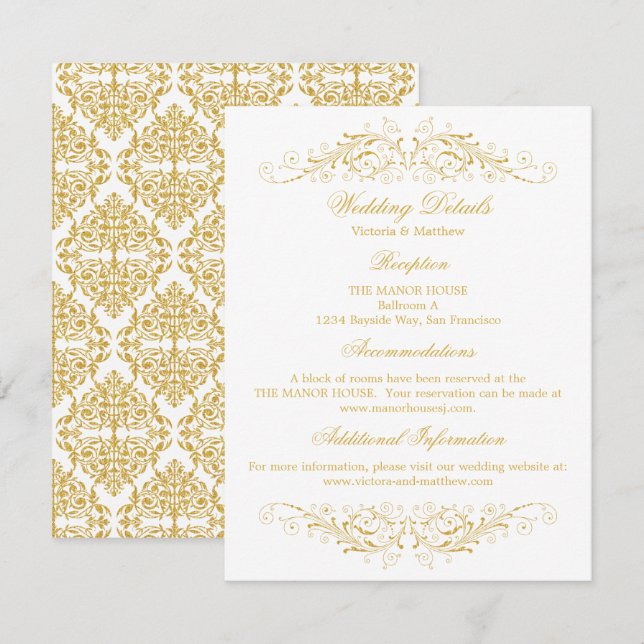 Invitation Faux Gold Flourish Mariage damassé Détails (Devant / Derrière)