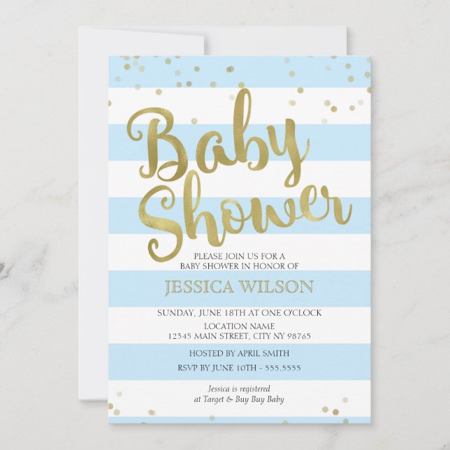 Invitation Faux Gold Foil, Blue Stripes Baby shower Garçon (Devant)