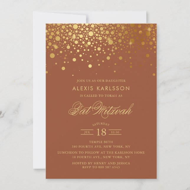 Invitation Faux Gold Foil Confetti Bat mitzvah en terre cuite (Devant)