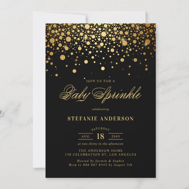 Invitation Faux Gold Foil Confetti Black Baby Sprinky (Devant)
