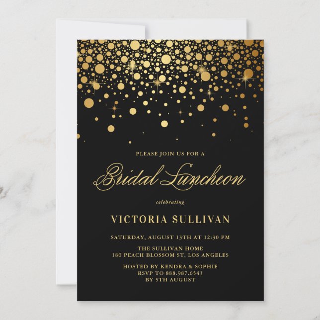 Invitation Faux Gold Foil Confetti Black Bridal Luncheon (Devant)