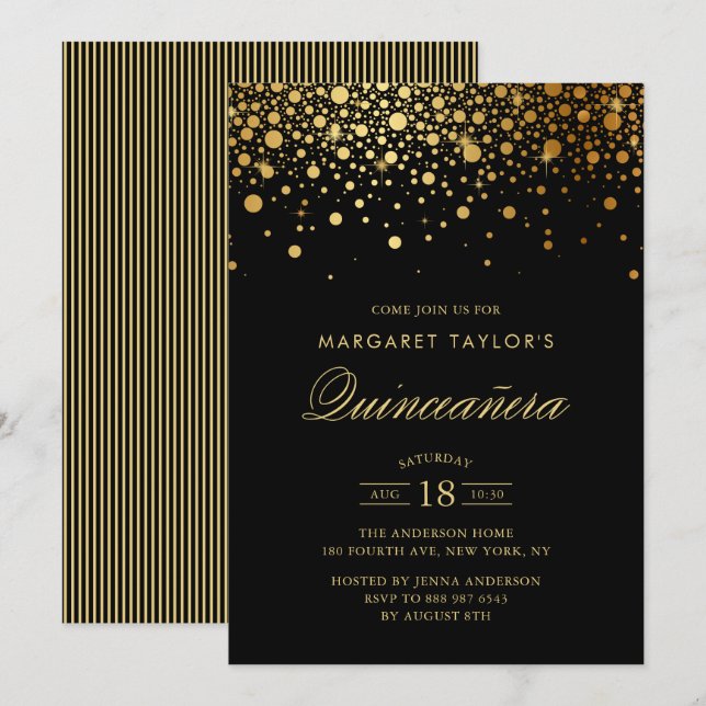 Invitation Faux Gold Foil Confetti Black Quinceañera (Devant / Derrière)