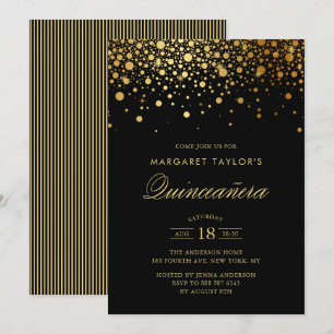 Invitation Faux Gold Foil Confetti Black Quinceañera