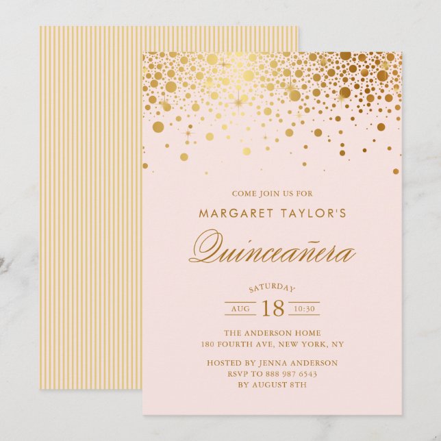 Invitation Faux Gold Foil Confetti Blush Pink Quinceañera (Devant / Derrière)