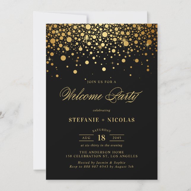 Invitation Faux Gold Foil Confetti Dots Black Welcome Party (Devant)