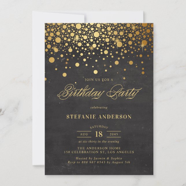 Invitation Faux Gold Foil Confetti Dots Noir Anniversaire (Devant)