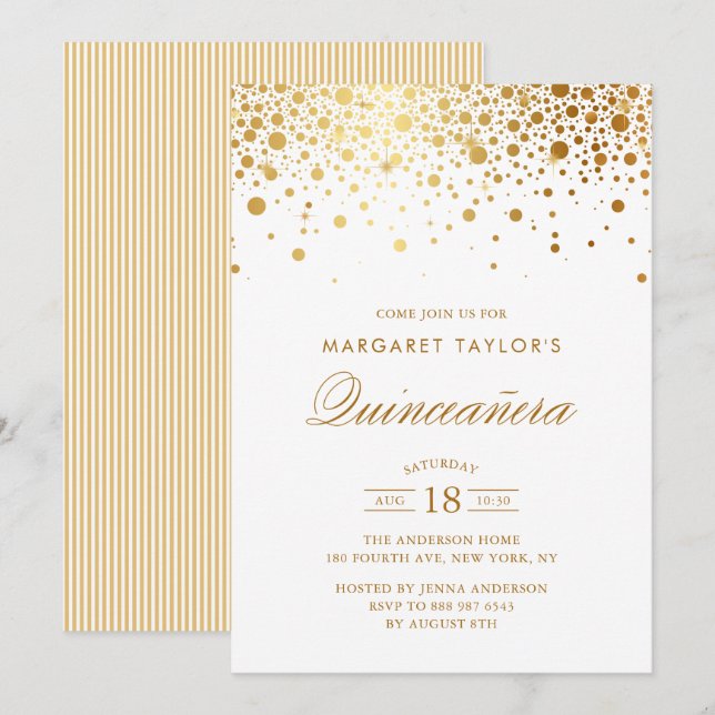 Invitation Faux Gold Foil Confetti Dots Quinceañera (Devant / Derrière)