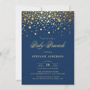 Invitation Faux Gold Foil Confetti Marine Blue Baby Brunch