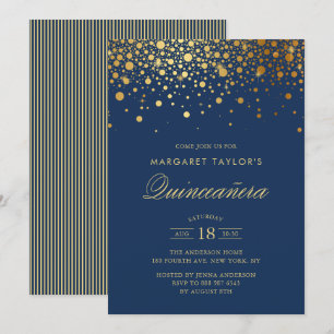 Invitation Faux Gold Foil Confetti Marine Blue Quinceañera