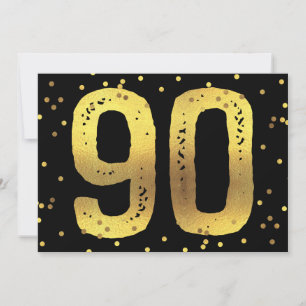 Invitation Faux Gold Foil Confetti Noir 90e fête d'anniversai