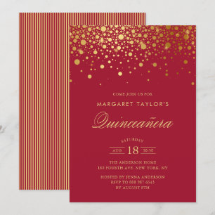 Invitation Faux Gold Foil Confetti Red Quinceañera