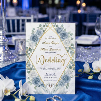 Invitation Faux Gold Foil Geometric Marble Blue Floral