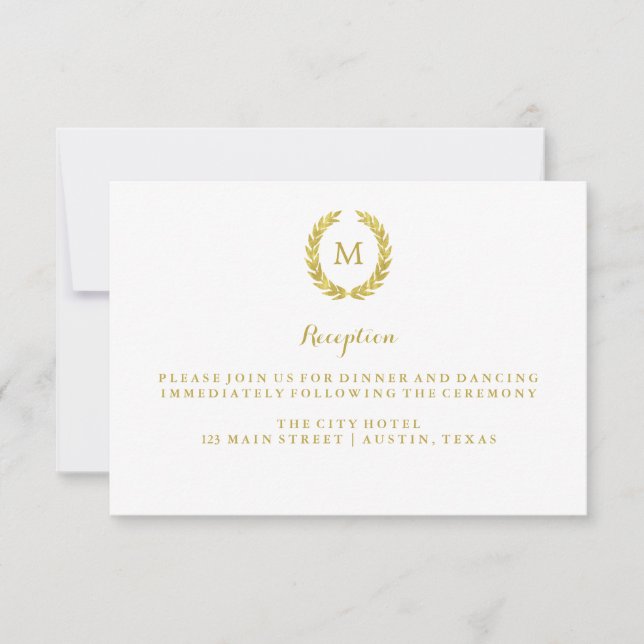 Invitation Faux Gold Foil Laurel Wreath Monogram Réception (Devant)