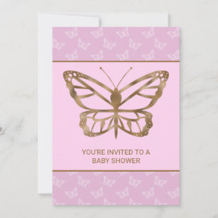 Invitation Faux Gold Foil Look Papillon - Baby shower pourpre