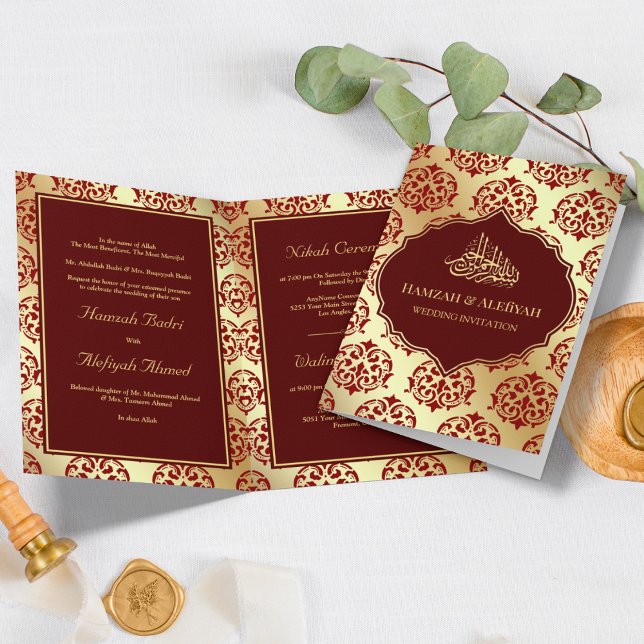 Invitation Faux Gold Foil Maroon Red Damask Mariage musulman (Créateur téléchargé)