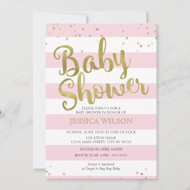Invitation Faux Gold Foil, Pink Stripes Baby shower Girl (Devant)