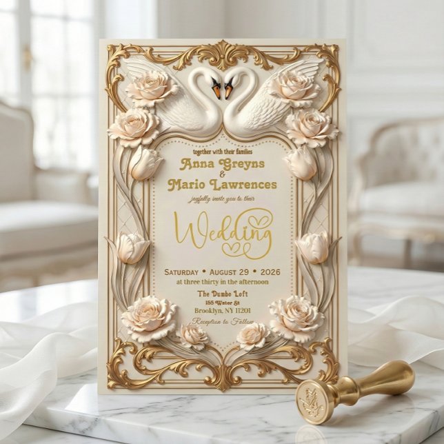 Invitation Faux Gold Foil & Satin Effect Baroque Swan (Créateur téléchargé)