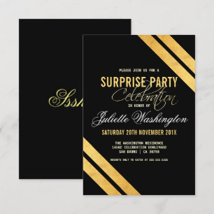 Invitation Faux Gold Foil Strip Black Surprise Anniversaire