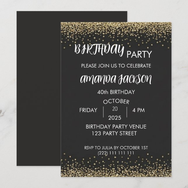 Invitation Faux Gold Glitter Black 40th Birthday (Devant / Derrière)