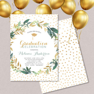 Invitation Faux Gold Greenery Wreath + confetti Graduation