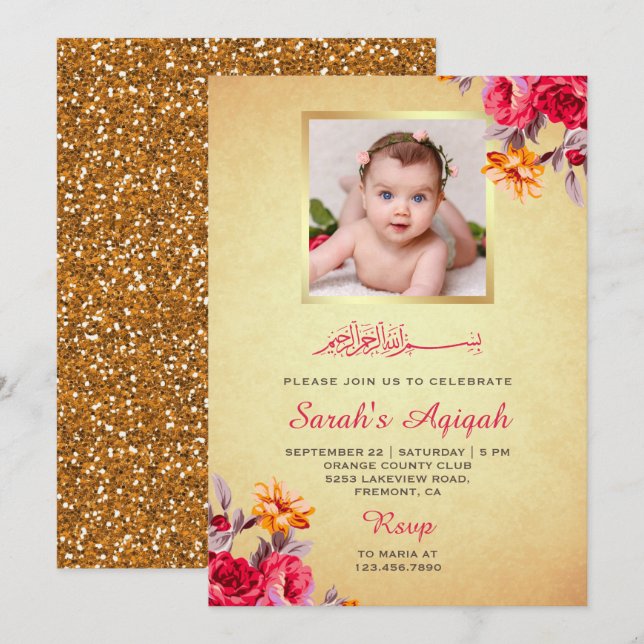 Invitation Faux Gold Parties scintillant Floral Baby Girl Pho (Devant / Derrière)